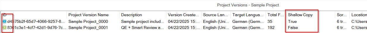 Screenshot of a list of project versions showing two entries with 'Shallow Copy' column values 'True' for the first and 'False' for the second.