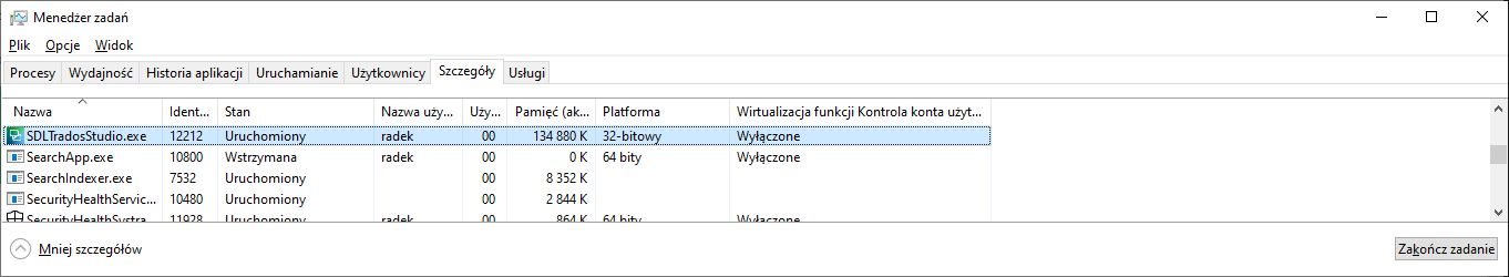 Task Manager showing SDLTradosStudio.exe running as a 32-bit application on a 64-bit platform with user 'radek' and memory usage of 1,334,880 K.