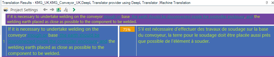 Screenshot of a translation result with a progress bar at 75%, comparing English and French texts about welding on a conveyor.