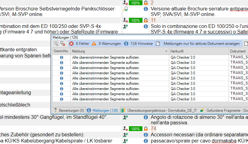 Trados Studio interface showing QA Checker 3.0 with a list of repeated comments stating 'Alle uebereinstimmenden Segmente auflisten.'