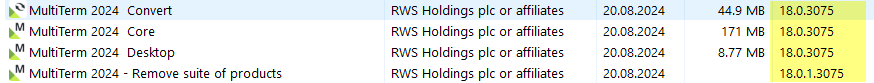 Screenshot showing a list of installed software related to MultiTerm 2024, including Convert, Core, Desktop, and Remove suite of products by RWS Holdings plc with various sizes and version 18.0.3075.