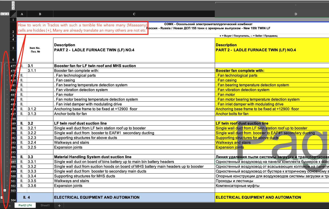 Screenshot of an Excel file with hidden rows indicated by a plus symbol. The visible rows include descriptions of parts for a Ladle Furnace Twin. The user's comment about the issue with hidden content in Trados is visible at the top.