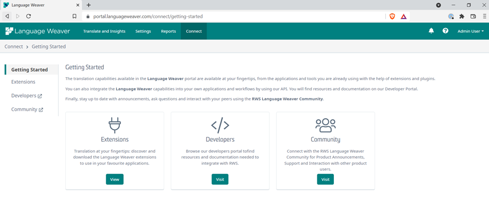 Language Weaver Connect tab showing Getting Started, Extensions, Developers, and Community sections with options to view or visit each.