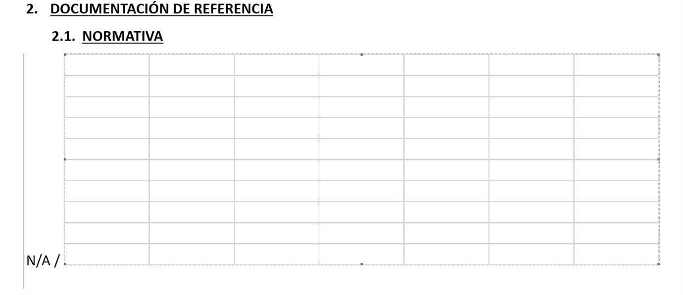 Screenshot of a Word document showing a blank table under the heading '2. DOCUMENTACION DE REFERENCIA' and subheading '2.1. NORMATIVA'. The table has multiple rows and columns with no content, and 'NA' is written at the bottom left corner.