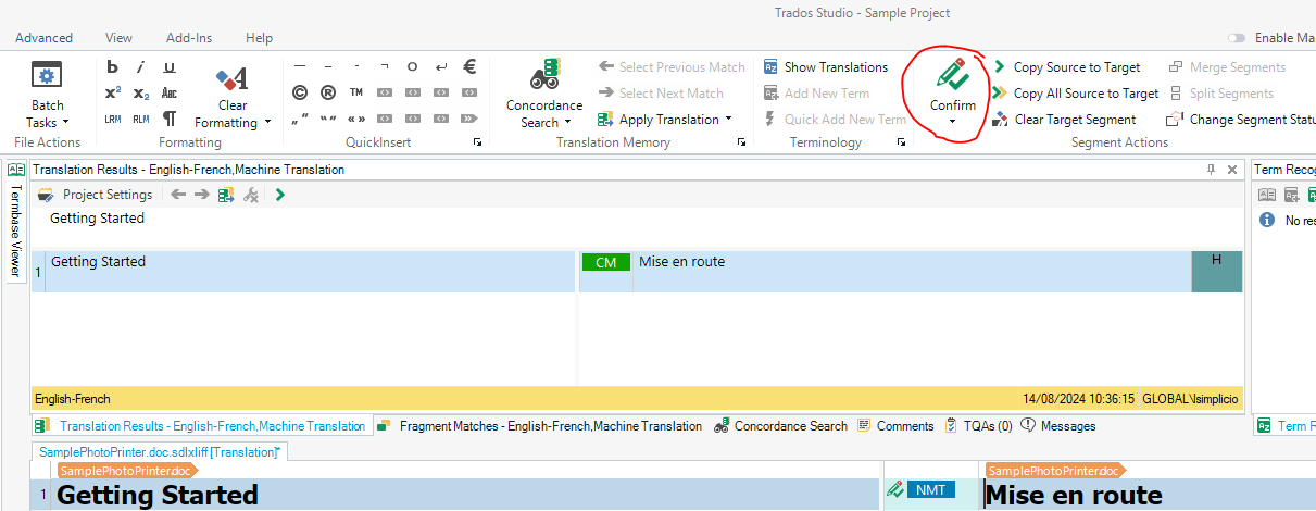 Trados Studio confirmation dialog showing the translation 'Mise en route' for the segment 'Getting Started'.