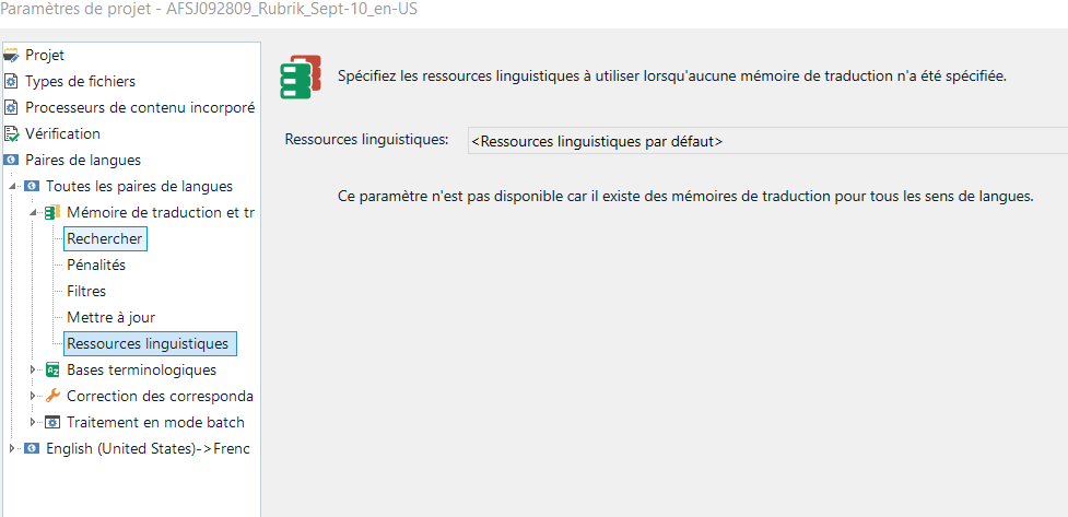 Trados Studio screenshot displaying a warning message under Project Settings that reads 'Specify the linguistic resources to use when no translation memory has been specified.'