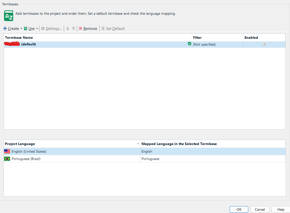 Screenshot of Trados Studio TermBase configuration window showing TermBase Name, Project Language, and Mapped Language in the Selected TermBase.