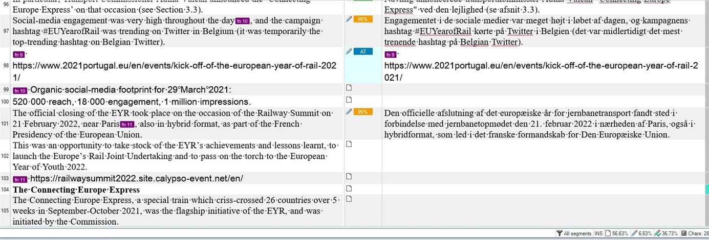 Trados Studio interface displaying a bilingual text comparison with missing 'AT' mark for machine translation on the right side.