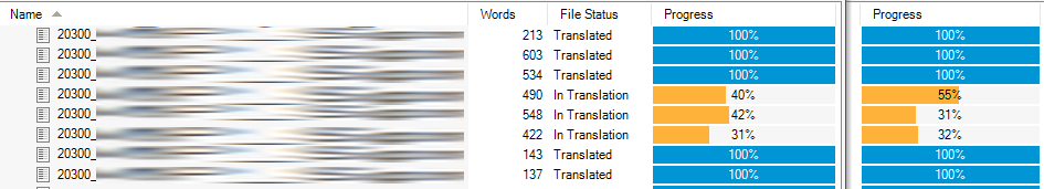 Screenshot of Trados Studio 2022 Files View with mismatched segment numbers compared to words in the progress column.