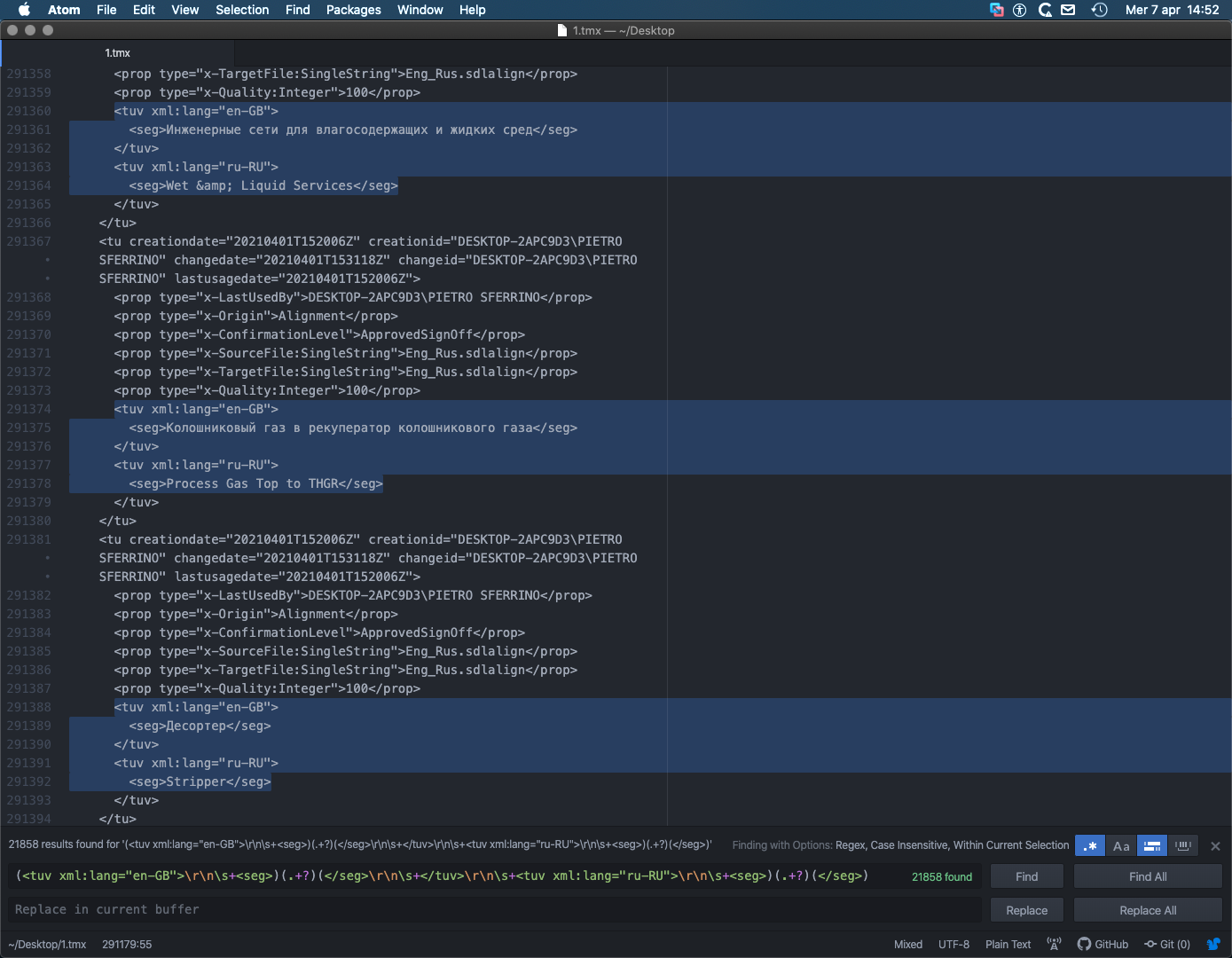 Screenshot of Trados Studio XML code with multiple segments including 'Gas Services' and 'Process Gas Top to THGR' in English and Russian.
