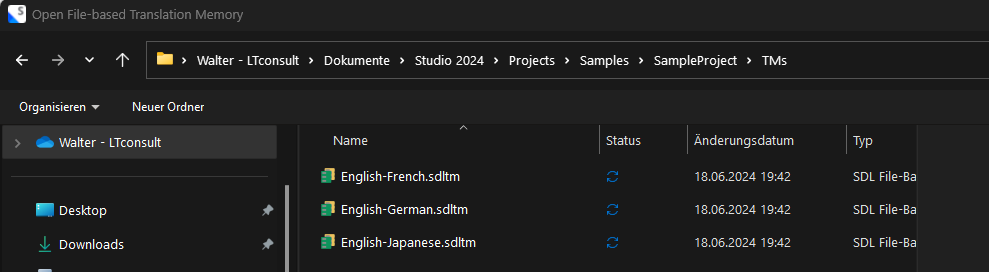 Screenshot of Trados Studio displaying the 'Samples' folder within 'SampleProject > TMs' directory, showing three translation memory files: English-French, English-German, and English-Japanese.