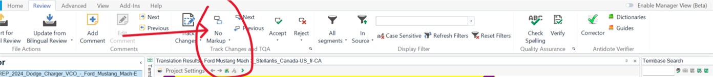 Screenshot of Trados Studio 2022 interface with the 'No Markup' option circled in red, highlighting the selection made to avoid text markup during revision.
