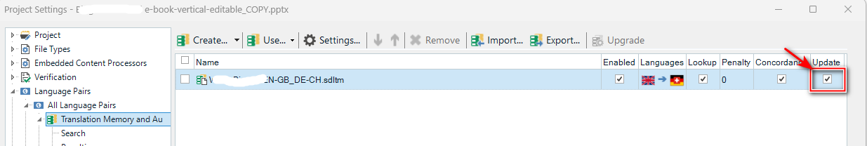Trados Studio project settings window showing Translation Memory and Automated Translation settings with the 'Update' checkbox ticked for a TM named 'EN_GB_DE-CH.sdltm'.