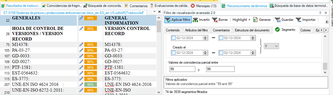 Screenshot of Trados Studio interface showing a document with segments and their translation match percentages, and the Advanced Display Filter panel with specific filter settings applied.