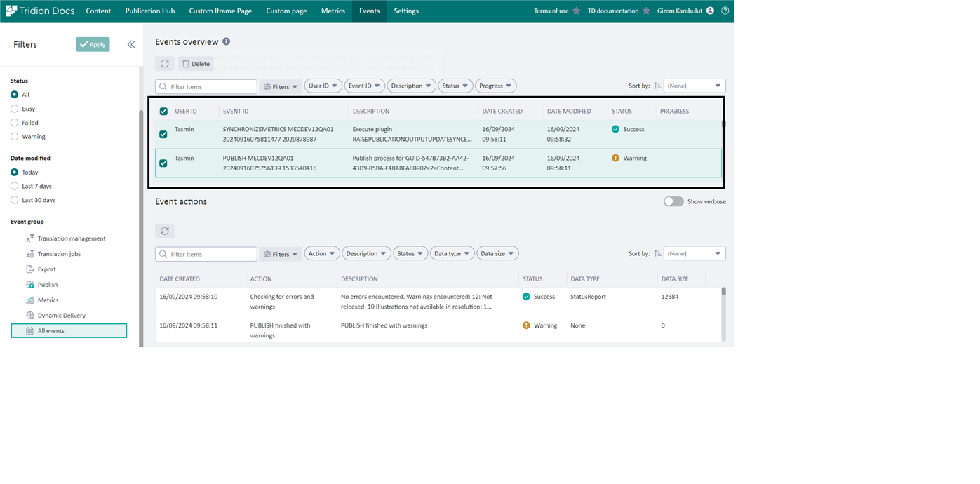 Screenshot of Tridion Docs Events Overview page showing a refreshed user interface. The left panel lists filters and event groups, while the main panel displays a table of events with columns for User ID, Event ID, Description, Date Created, Date Modified, Status, and Progress. One event shows a warning status.