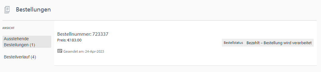 Screenshot of an order summary page with order number 723337, price of 183.00, sent date of 24-Apr-2023, and order status 'Bezahlt - Bestellung wird verarbeitet' indicating payment received and order is being processed.