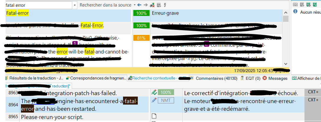 Screenshot showing a search for 'fatal error' with highlighted results in yellow, translation matches, and a message about a fatal error in the translation engine.