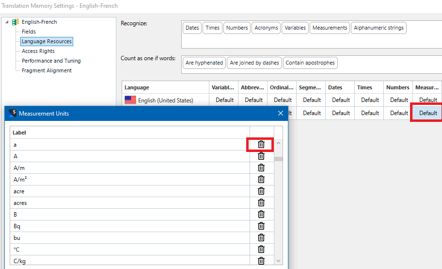 Trados Studio Translation Memory Settings window showing Measurement Units tab with a list of units. The 'a' unit is highlighted with a red error icon indicating it has been removed.