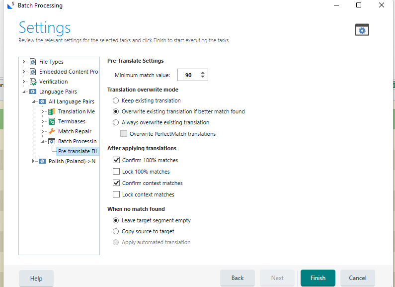 Screenshot of Batch Processing settings for RWS AppStore Applications showing File Types, Embedded Content Processing, Verification, and Language Pairs with Pre-Translate Settings set to a Minimum match value of 90.