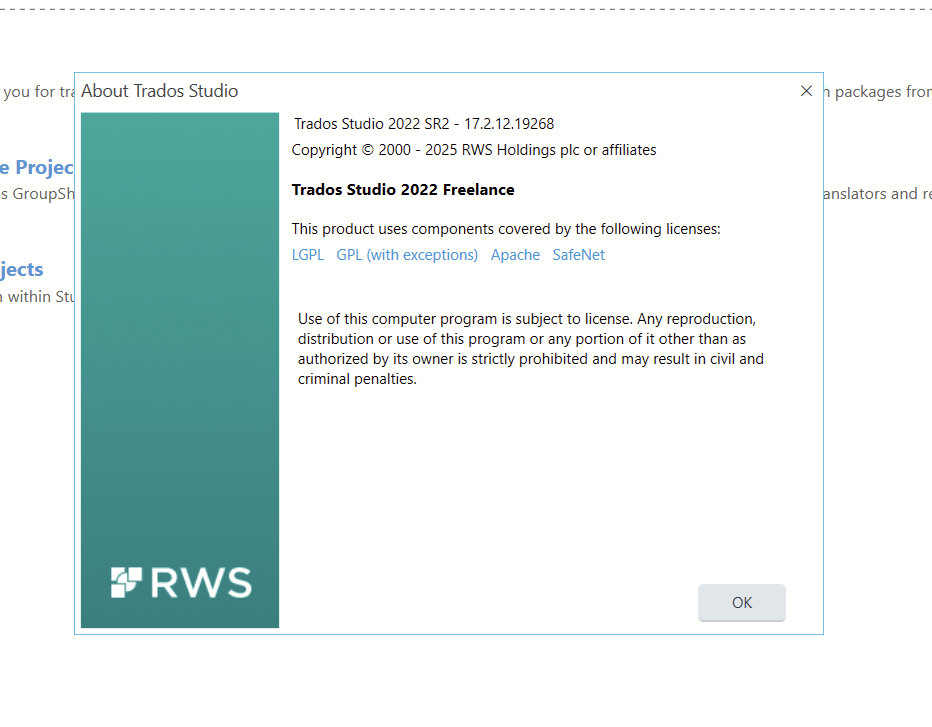 About Trados Studio window showing version 2022 SR2 - 17.2.12.19268, copyright details, and licensing information.