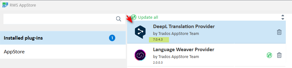 Screenshot of the RWS AppStore interface displaying installed plug-ins, with an 'Update all' button and listings for 'DeepL Translation Provider' and 'Language Weaver Provider'.
