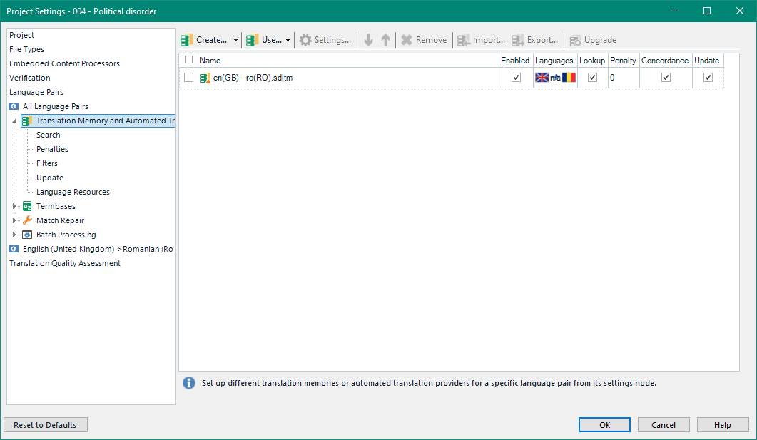 Screenshot of Trados Studio Project Settings showing Translation Memory and Automated Translation settings for English (United Kingdom) to Romanian (Romania) language pair with no visible errors or warnings.