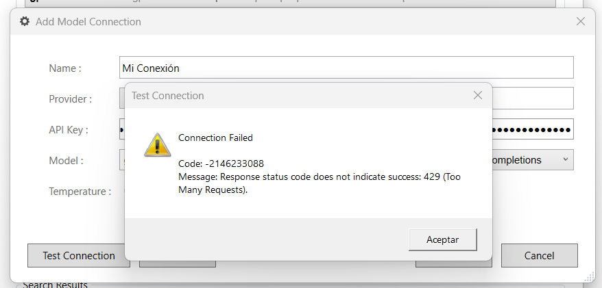 Screenshot of Trados Studio's 'Add Model Connection' dialog box with a warning icon and a 'Connection Failed' message, including an error code -2146233088 and a message stating 'Response status code does not indicate success: 429 (Too Many Requests)'.