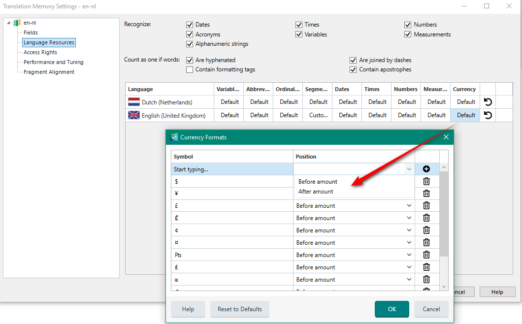 Trados Studio Translation Memory Settings window showing currency formats with a red arrow pointing to the position dropdown menu for the dollar symbol, set to 'Before amount'.