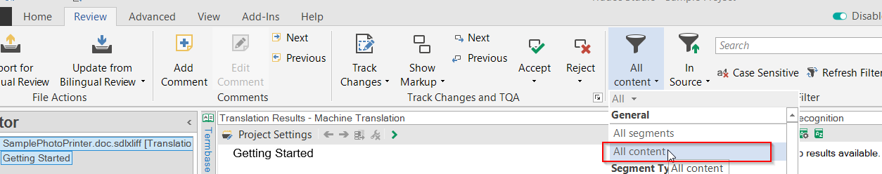 Trados Studio Review tab showing 'Display formatting' dropdown with 'All content' selected.