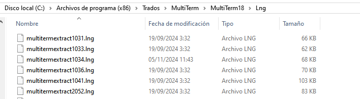 Screenshot of a file explorer window showing a list of .Lng files in the MultiTerm18 Lng directory, with file names like multitermextract1031.Lng and modification dates mostly on 19092024.