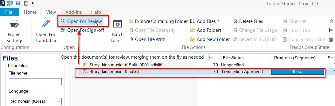 Trados Studio interface showing the 'Open For Review' button highlighted in the top ribbon. Below, the 'Files' view lists a file named 'Stray_kids_music.rtf.sdlxliff' with a status of 'Translation Approved' and progress at 100%.