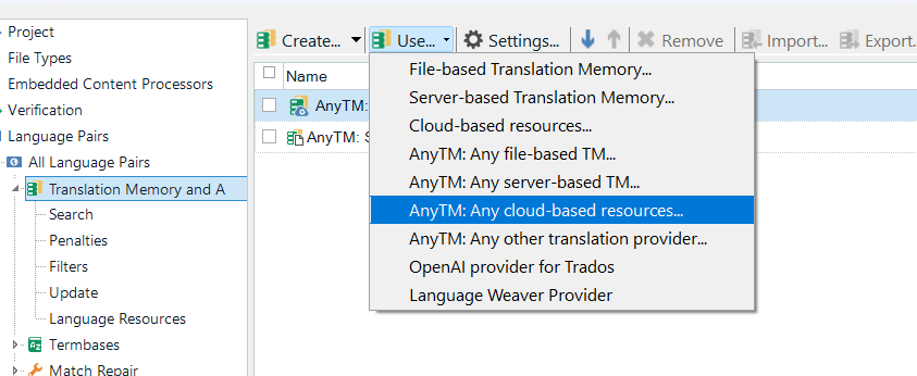 Dropdown menu in Trados Studio 2024 with options for AnyTM, including 'Any cloud-based resources...' and 'Language Weaver Provider'.