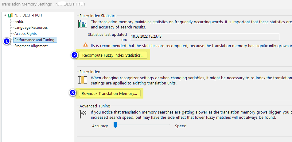 Trados Studio Translation Memory Settings dialog showing Performance and Tuning section with a warning to recompute Fuzzy Index Statistics and a button to Re-index Translation Memory.
