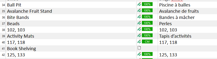 Screenshot of Trados Studio showing a table with two columns. The left column has English titles and the right has French translations. Single-digit page numbers are missing under the French column.