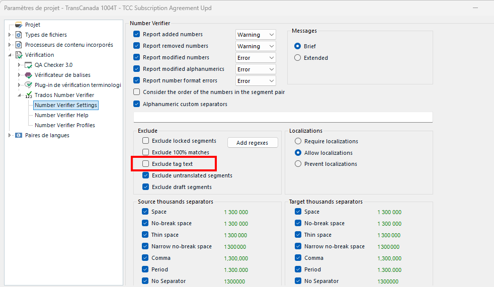 Screenshot of the Trados Number Verifier settings window showing options for reporting errors and warnings, with the 'Exclude tag text' checkbox highlighted in red.