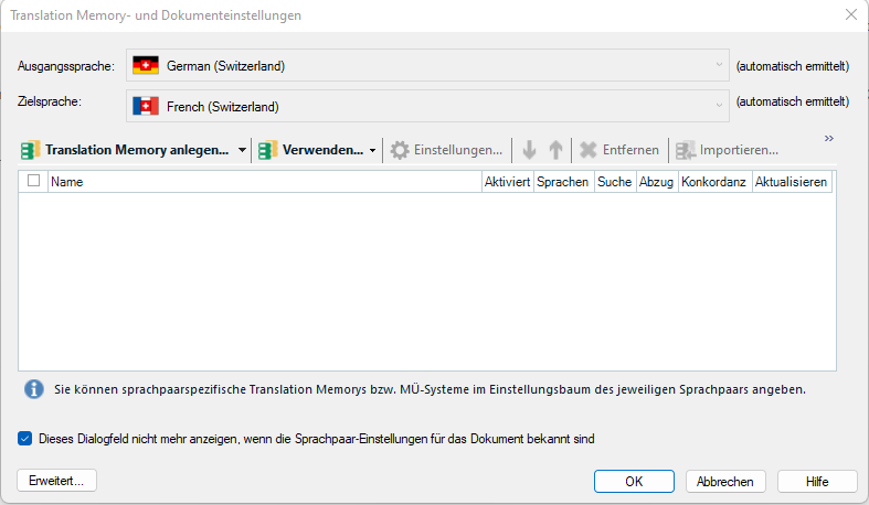 Trados Studio project settings window with source language set to German (Switzerland) and target language set to French (Switzerland). Options to create and use Translation Memory are visible.