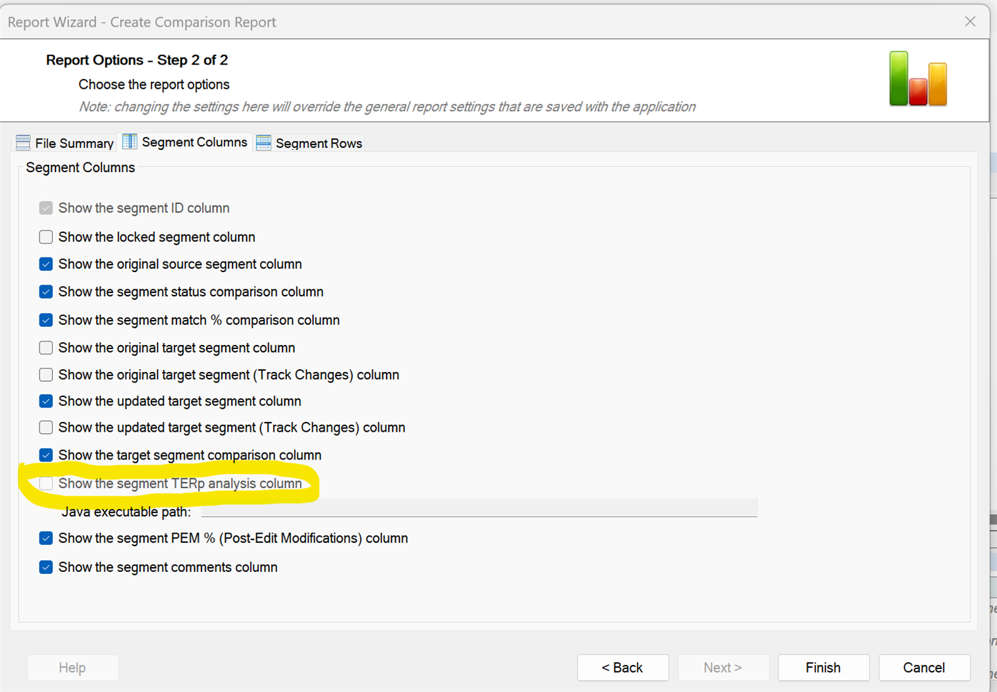 Screenshot of the Report Wizard - Create Comparison Report window with options for segment columns. The 'Show the segment TERp analysis column' option is highlighted but appears unclickable.