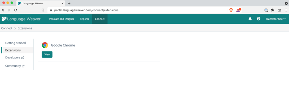 Language Weaver Connect Extensions page showing Google Chrome extension available for view by Translator User.