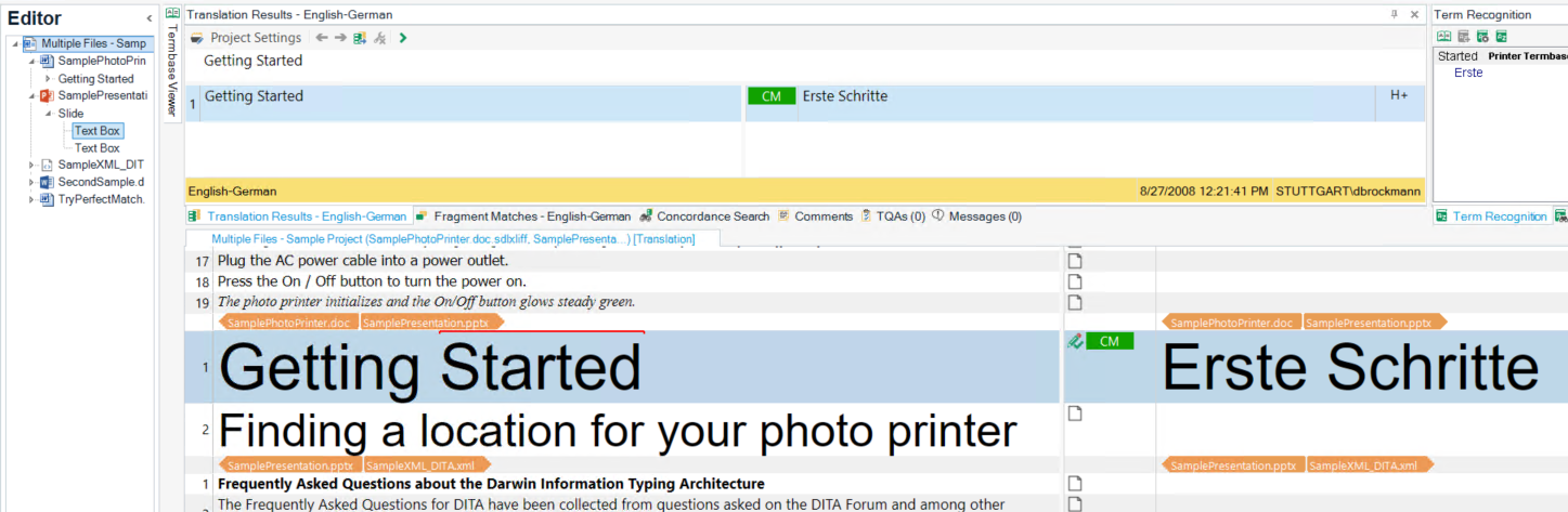 Screenshot of Trados Studio Editor showing multiple files open with document markers in orange and navigation tree on the left. Active segment 'Getting Started' highlighted with file names 'SamplePhotoPrinter.doc' and 'SamplePresentation.pptx'.