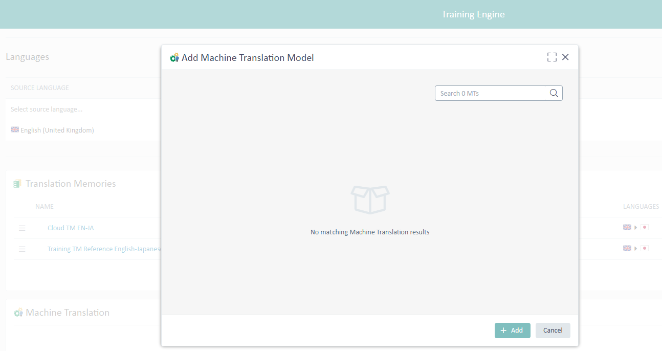 Screenshot of Trados 'Add Machine Translation Model' dialog with 'No matching Machine Translation results' message displayed.