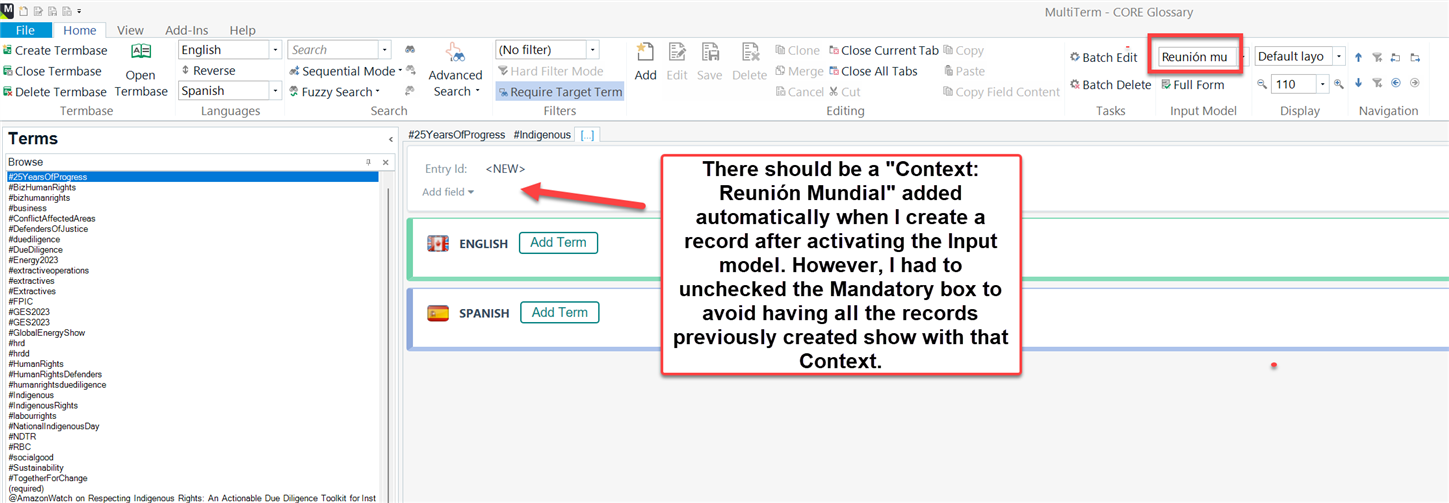 MultiTerm Desktop interface with a note explaining the need to uncheck 'Mandatory' to avoid adding 'Context' to all records.