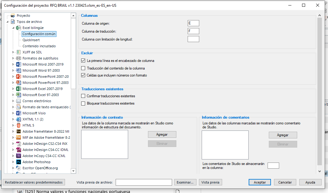 Trados Studio common configuration window with source column E and target column F set for Bilingual Excel format.