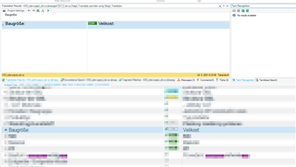 Screenshot of Trados Studio interface showing the term recognition issue. The Termbase Search window is open but no terms are highlighted in the source segment.
