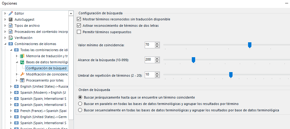 Screenshot of Trados 2022 options menu with 'Bases de datos terminologicas' expanded showing 'Configuracion de busqueda' settings in Spanish.