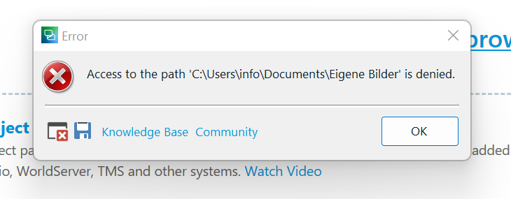 Error message popup in Trados Studio saying 'Access to the path C:UsersinfoDocumentsEigene Bilder is denied.' with an OK button.