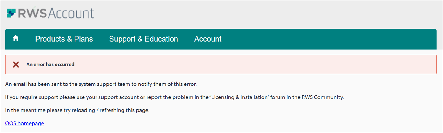 Screenshot of RWS Account page with an error message stating 'An error has occurred' and instructions to notify the system support team, refresh the page, or report the problem in the RWS Community.