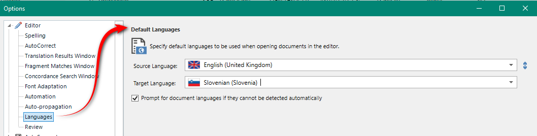 Trados Studio options menu with Default Languages settings open, showing Source Language set to English (United Kingdom) and Target Language set to Slovenian (Slovenia).