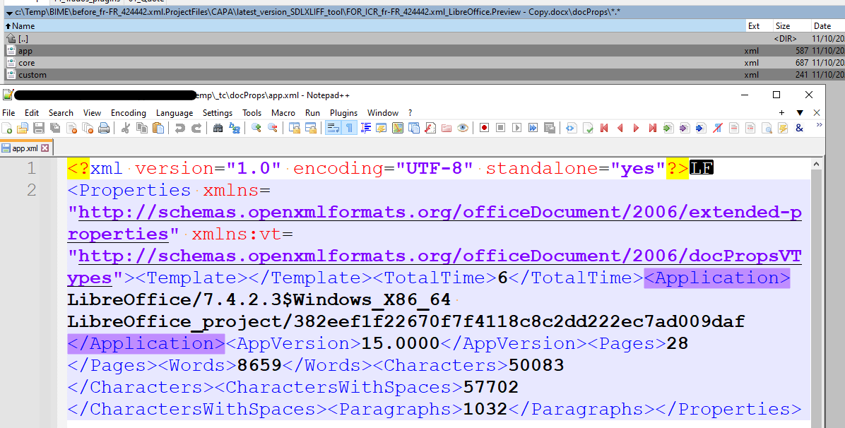 Screenshot of an XML file showing the Application tag indicating the document was edited with LibreOffice.