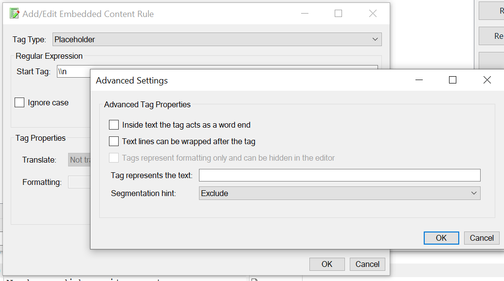 Screenshot of Trados Studio Advanced Settings for an Embedded Content Rule with Segmentation Hint set to Exclude.