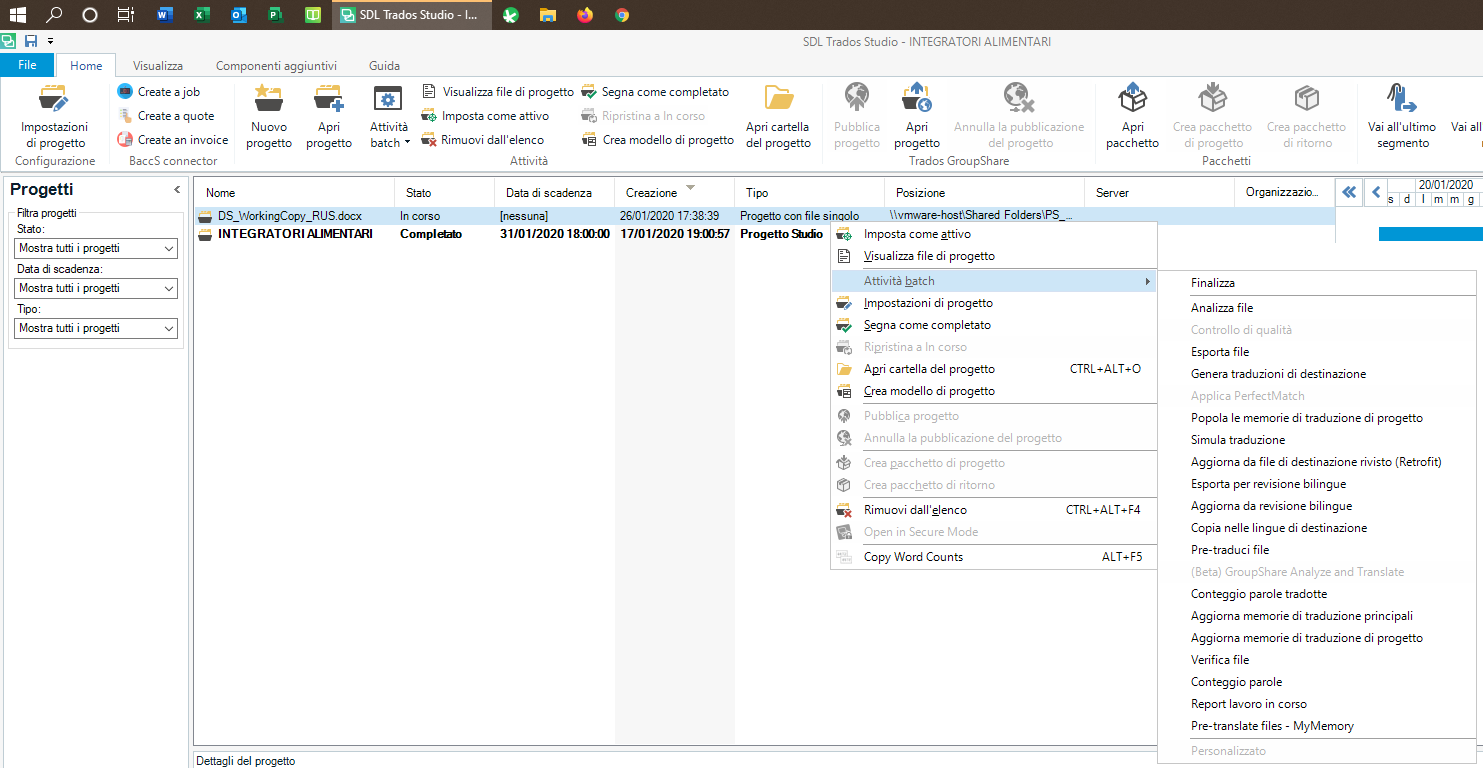 Trados Studio interface showing a project list with one project named 'DS_WorkingCopy_RUS.docx' in progress and another named 'INTEGRATORI ALIMENTARI' completed.